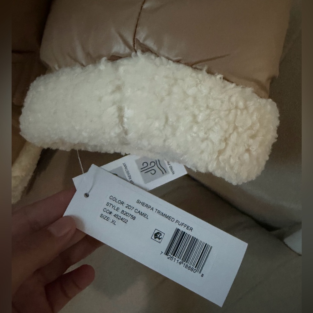 NWT French Connection Camel/Brown Sherpa Trim Puffer Coat in Women's Size XL - Picture 4 of 11
